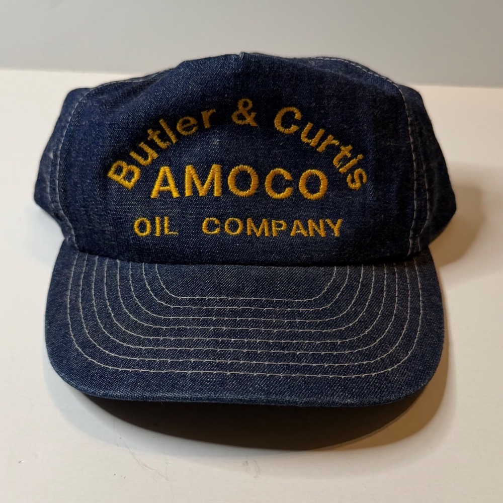 Vintage Otto Cap Amoco Oil Company Denim Snapback Hat Butler & Curtis Blue Gold